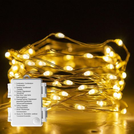 Guirlande lumineuse féérique à piles, 50 LED, fil de cuivre, étanche, 8 modes d'éclairage (4,88 m, blanc chaud). (1/2)