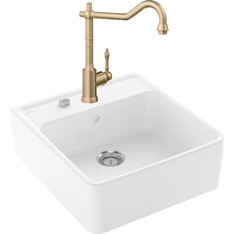 VILLEROY ET BOCH Tradition Stamp of Office fregadero 1 seno autodrenante + grifo de cocina Avia 2.0 Oro Mate