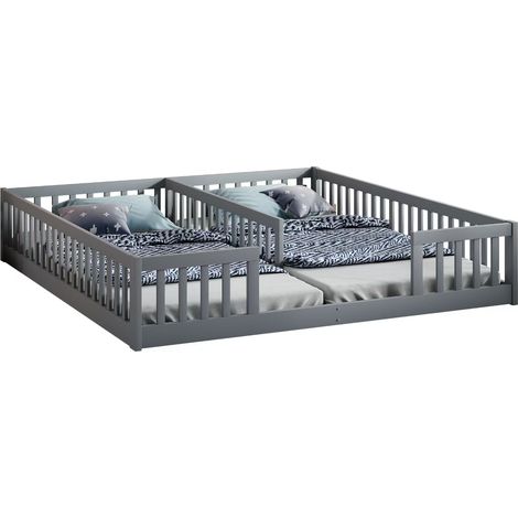 Lit plateforme 90 x 200 cm, lit enfant avec barrière, avec sommier à lattes (sans matelas), pour familles avec deux enfants, bois de pin, style minimaliste, gris (1/5)