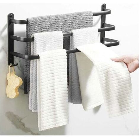 Porte Serviettes Salle de Bains, Barres Porte Serviettes Mural Noir Adhesif pour Douche et Cuisine, Étanche Barres Porte avec Crochet 502414.4cm (1/5)