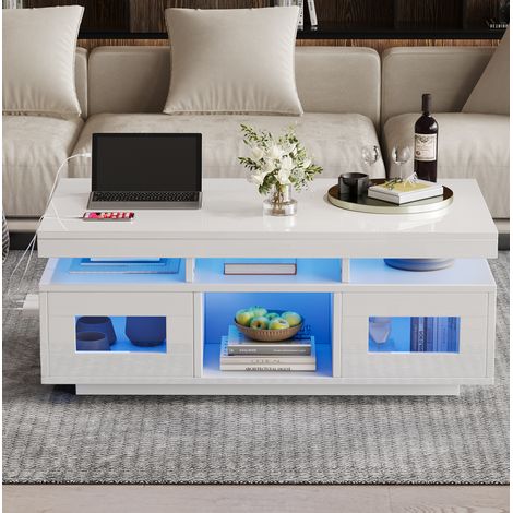 Couchtisch mit LED und Steckdose 100x50 cm Weiß OKMYHOME (1/5)
