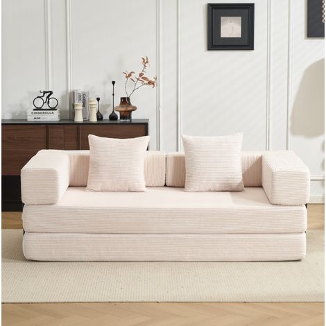 Divano letto pieghevole da pavimento 185 x 92,5 x 60 cm, tessuto a coste bianco, DESVIAE (1/5)