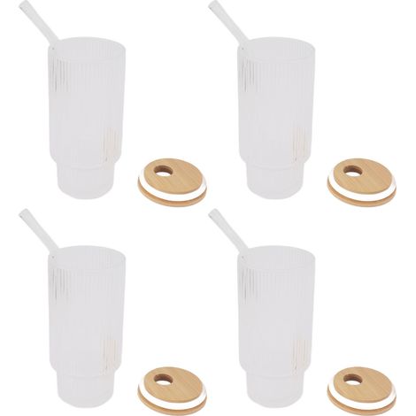 Verres à boire vintage de 325 ml (11 oz) avec couvercles en bambou, pailles pour café glacé, cocktails et smoothies. (1/5)