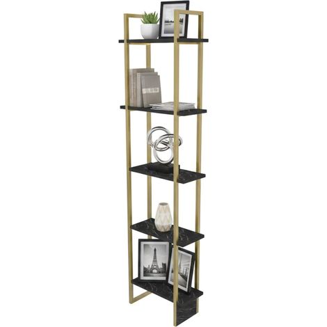 Dmora - Bücherregal Alnair, Büroregal, Mobiler Buchhalter, Bücherbrett, 45x22h180 cm, Schwarz und Gold, mit verstärkter Verpackung