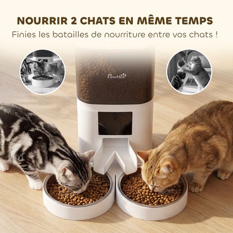 Distributeur Croquettes Chat Automatique 2 Animaux 6L Double Bol Inox WiFi Tuya App ABS 37x36x35cm Blanc (1/5)