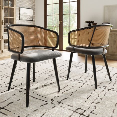 Set di 2 sedie da pranzo - schienale in rattan - comode e traspiranti - cuscini di seduta in velluto - grigio