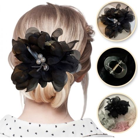 Grande fiocco in tulle con perle, clip, fermaglio, ornamento per capelli, nero S (1/5)