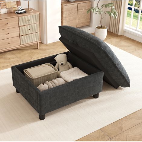 Puff con almacenaje (98x65x48 cm), asiento tapizado, uso versátil, chenilla negra (1/5)