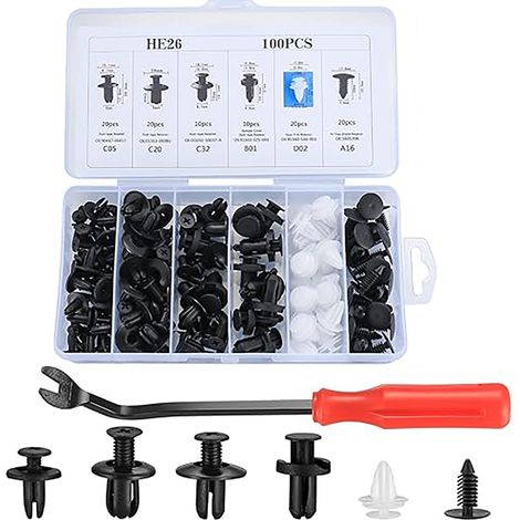 Lot 100 Clips Fixation Auto 6 Types + Outil Dépose Pare-Chocs Capot (1/5)