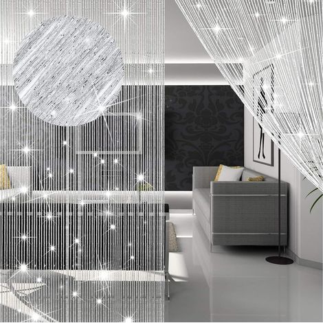 Lot de 2 rideaux de porte à fils opaques, 100 x 200 cm, blanc contre les mouches, pour porte de balcon, moustiquaire (1/5)