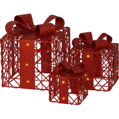Regali natalizi in metallo con luci LED per decorazioni natalizie set da 3 pezzi -Rosso (1/4)