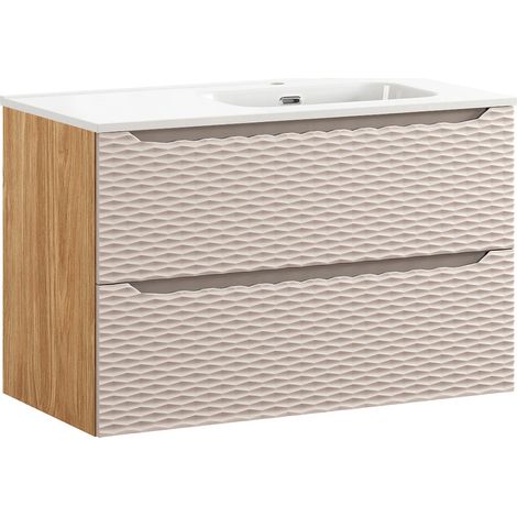 Petits-Meubles – Meuble avec vasque simple 90cm – Finition beige et bois chêne – 2 tiroirs – Vasque céramique blanche incluse – Installation murale recommandée (1/5)