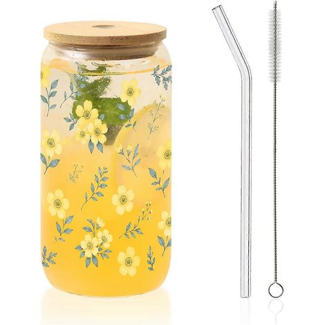 Tasses verre isothermes avec couvercles, pailles, motifs fleurs bleues/jaunes papillon bleu, 33cl, pour café glacé, cadeau Saint-Valentin anniversaire (1/5)