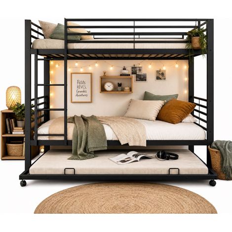 Lit Superposé Enfant 90 x 200 cm Lit Gigogne escamotable structure en métal 3 couchages barrière anti-chute échelle d’accès (1/5)