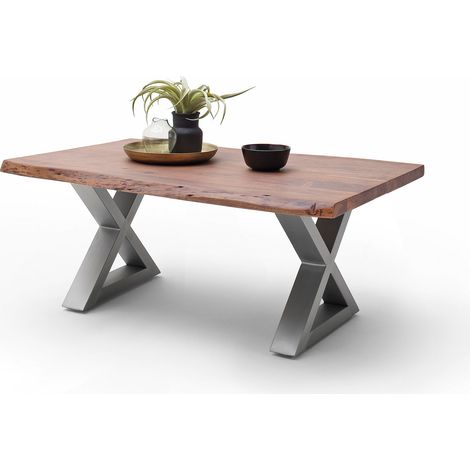 Table basse en acacia brun et acier chromé avec pietement en X (1/4)