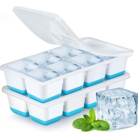 Große Eiswürfelform, 2er-Pack Silikon-Eiswürfelformen mit Deckeln für Getränke, Whisky und Babynahrung, sicher, wiederverwendbar, stapelbar, leicht zu entnehmen (Blau) (1/5)