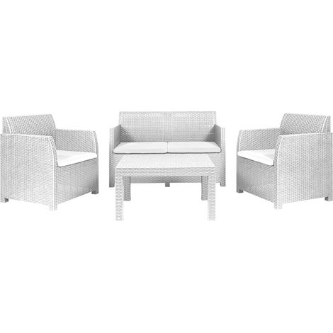 Set salottino giardino lavinia, in resina, 1 divano 122x65xh.76 cm, 2 poltrone 63x65xh.76 cm, tavolo 76x58xh.41 cm, colore bianco