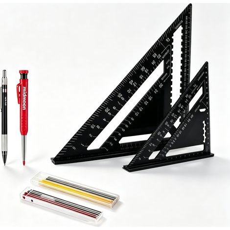 Equerre Menuisier, Équerre Charpentier Multifonction 180 mm [Crayon Chantier + 18 Mines] Metal, Règle de Menuisier Regle Trusquin Rapporteur de 45 à 90 Degrés Outillage Charpentier (1/5)