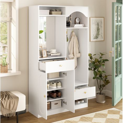REDOM - Vestiaire d'entrée 100x35x180 cm, miroir intégral, banc, rangements multiples, étagères réglables, MDF blanc (1/5)