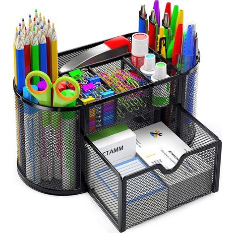 Accessoire de bureau élégant en maille, organiseur de papeterie à 8 compartiments, adapté aux bureaux, écoles et salles de classe, avec 1 tiroir, métal revêtu de poudre et tapis antidérapant. (1/5)