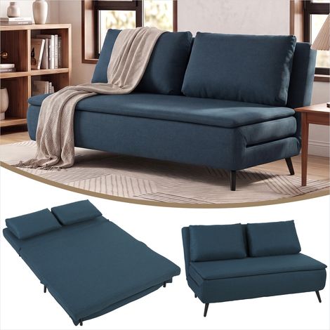 Canapé convertible 2 places bleu en tissu lin avec dossier (1/5)