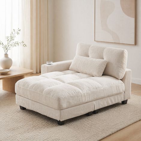Poltrona relax in velluto a coste beige con portabicchieri, USB e tasca DESVIAE (1/5)