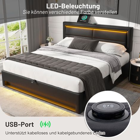 Lit coffre 160x200 cm, sommier à lattes avec éclairage LED, ports USB et charge sans fil, sans matelas, simili cuir grainé noir, tête de lit rangement. (1/5)