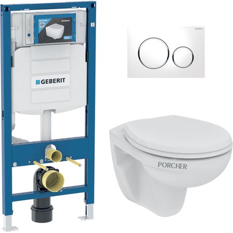 Pack WC Bati Geberit Duofix + WC suspendu Porcher sans bride + abattant Eurovit + Plaque de commande blanche/chrome (GebPorcher (1/5)