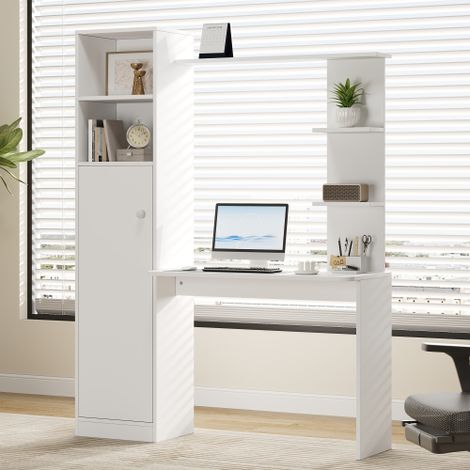 Bureau avec unité de rangement et étagères design moderne de style bureau dimensions 123,5 x 45 x 168,5 cm blanc. (1/5)