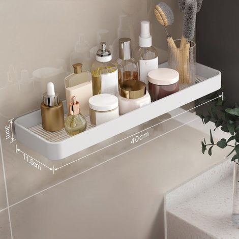 Mensola da parete in alluminio bianco con portasciugamani – Pratico contenitore e design moderno, 40 x 11,5 x 3 cm, senza barra (1/4)