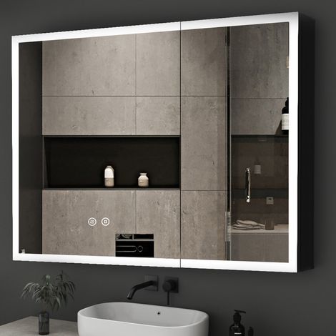 Spiegelschrank Bad mit Beleuchtung Schwarz Spiegelschrank mit Beleuchtung Metall LED Badezimmerschrank Hängeschränke mit Dimmbar + Beschlagfrei (80 x 60 cm)
