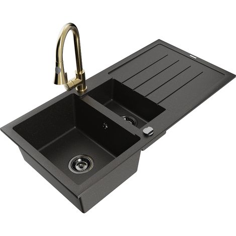 Mexen Andres lavello in granito a 1,5 vasche con gocciolatoio e rubinetto da cucina Elia, nero/oro metallizzato