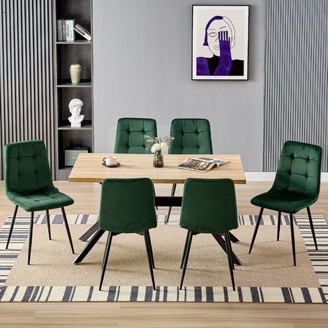 Ensemble table à manger - WAFTING - 140x80x73 cm - 6 chaises velours vert foncé - Table bois clair - Rectangulaire (1/5)
