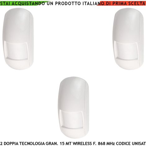 Doppia Tecnologia 3 Pezzi Rilevatori Movimento Grandangolo da Interno Copertura 15 Metri Antifurto Radio Fr. 868MHz Bidirezionale Codice UNISAT2 Anti Jamming Antimanomissione Sensore Intrusi look down (1/3)