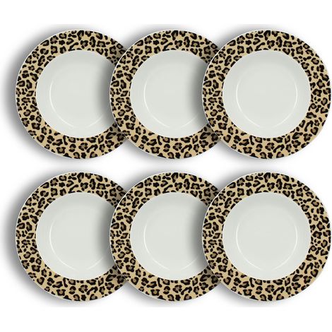 Lot de 6 assiettes creuses 20cm en porcelaine, LEOPARD