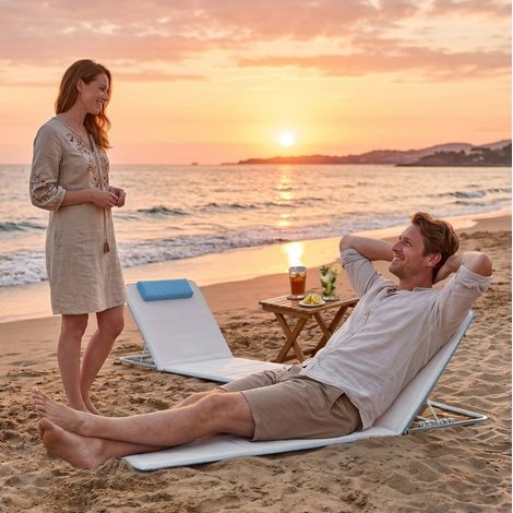 Chaise de plage pliante en polyéthylène beige avec dossier réglable et coussin, lot de 2 (1/4)