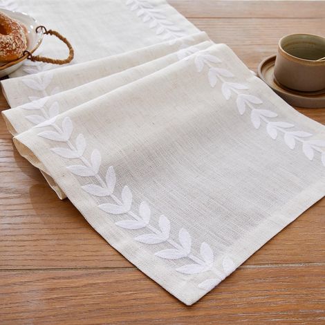 Chemin de Table brodé en Lin Motif Feuilles de Saule 120 cm, lavable en machine, style rustique, idéal pour salle à manger, fêtes, usage quotidien et décoration intérieure (1/5)