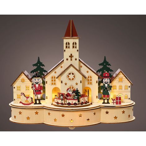 LumineoKirche de Dorf deholz mit Zugszene, Musik und Bewegung, Höhe 24,4 cm, LED white warm