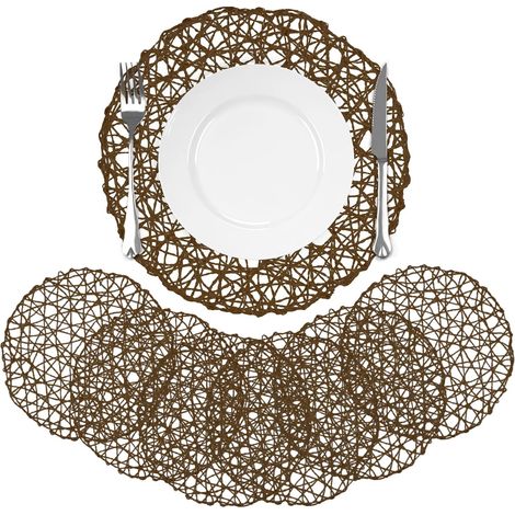 Lot de 6 Sets de Table Ronde Papier Tressé, 38cm Dessous Table Antidérapants Tissés à la Main Marron Foncé, Dessous Assiette Naturels pour Cuisine et Salle à Manger Décoration (1/5)