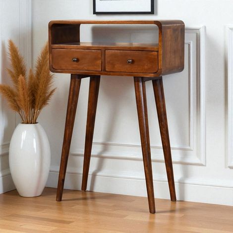 Console, en bois massif et bois, 2 tiroirs, pour maison et usage quotidien, brun foncé, style moderne, format gain de place