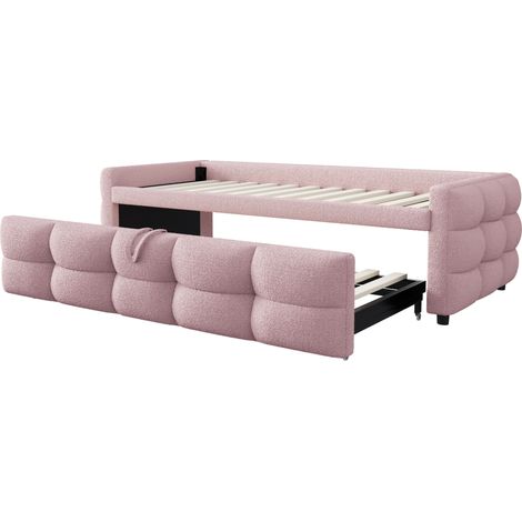 Ausziehbares gepolstertes Bett aus Teddy-Stoff in Rosa 90/180 x 190 cm mit Lattenrost (1/5)