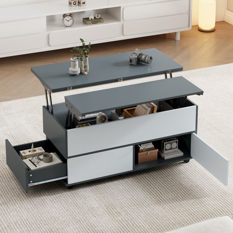 Tavolino da caffè alzabile 100x98x65 cm grigio e bianco in pannello truciolare con contenitore, cassetto e ruote (1/5)