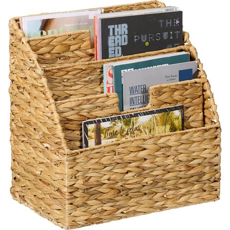 Relaxdays Magazine Holder, Water Hyacinth, Freestanding, 34 x 34 x 20 cm, Woven Newspaper Rack with 4 Slots, Natural