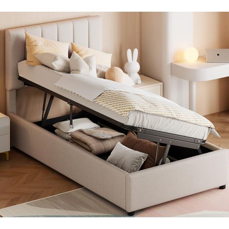 Lit coffre simple rembourré en lin - 90x200cm - Beige (1/4)