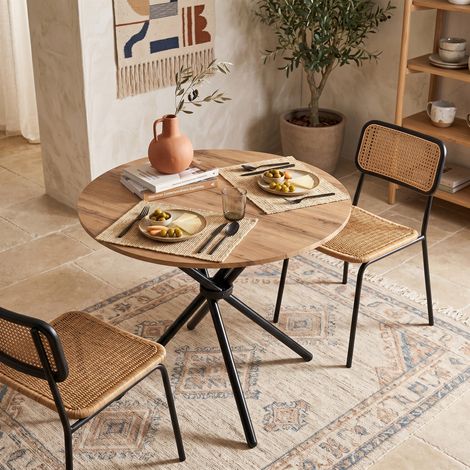 Urban Meuble – Table de salle à manger ronde 80cm – Effet bois naturel – Pieds ronds croisés en métal noir – Pour 4 personnes – Design moderne (1/5)