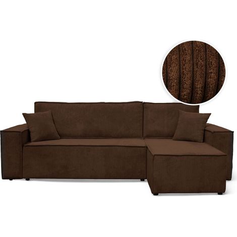 Loungitude – Canapé convertible d'angle réversible 4 places en velours côtelé – Dossier basculant pour lit d'appoint – Coffre de rangement intégré – Marron
