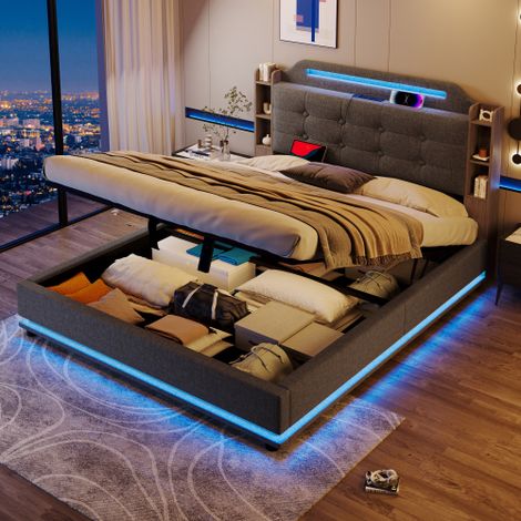 Lit coffre 140x200 cm, lit adulte avec LED, USB et Type-C, tissu en lin gris, sans matelas (1/5)