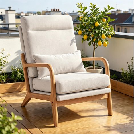 Sillón de salón crema con respaldo alto y cojín lumbar OKWISH (1/5)