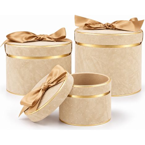 Set 3 Scatole Tonde Decorazione Natalizia Champagne 16/20/25cm Scatola con Fiocco (1/5)