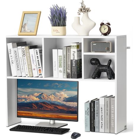 VEVOR Libreria da Scrivania, Organizer per Oggetti da Scrivania 1 Livello, Scaffale per Esposizione in Legno per Ufficio, Libreria con Piedini Antiscivolo, per Ufficio Casa, 94 x 24 x 73 cm Bianco